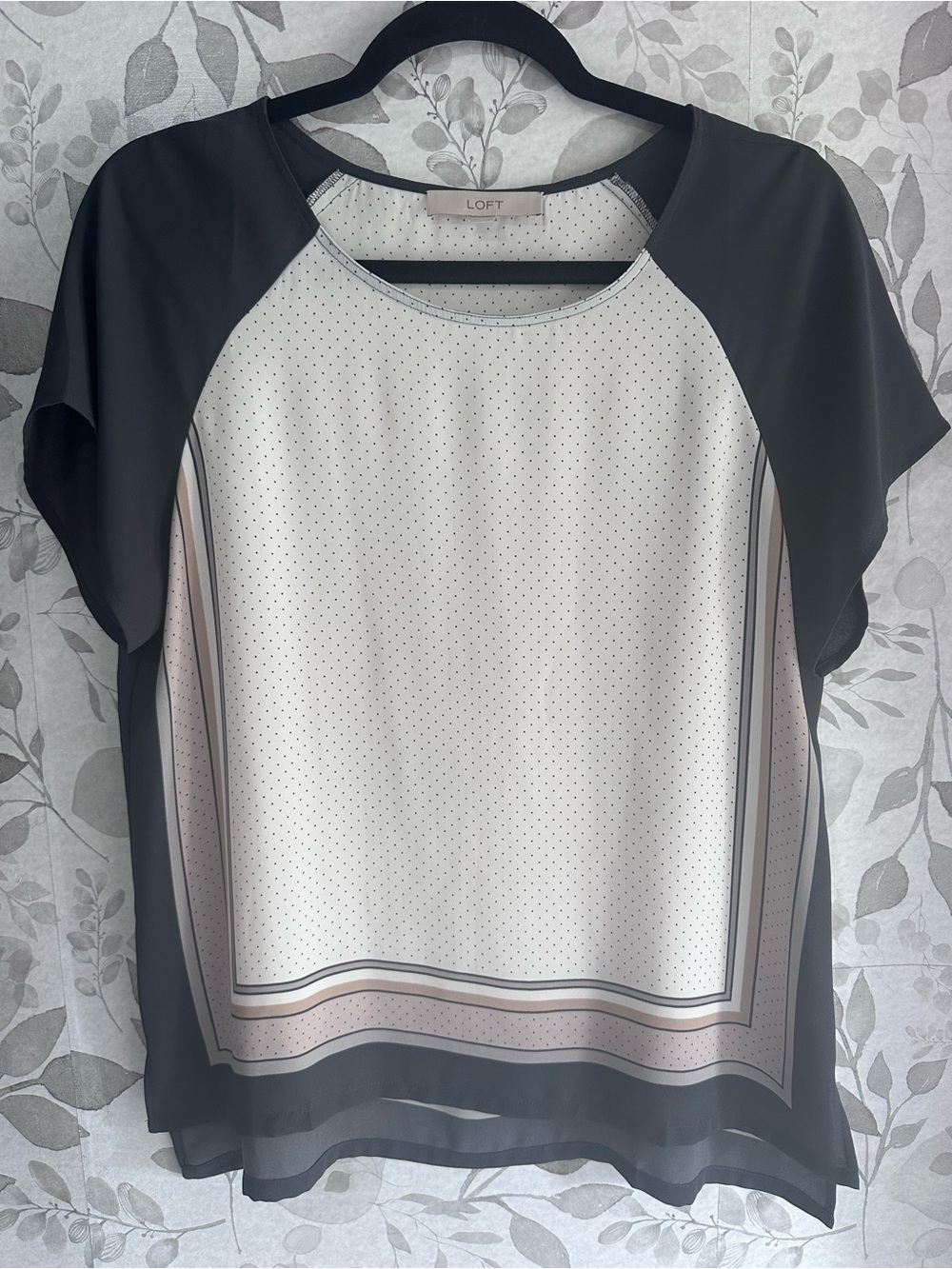 LOFT Black and Cream Short-Sleeve Scarf-Print Blouse